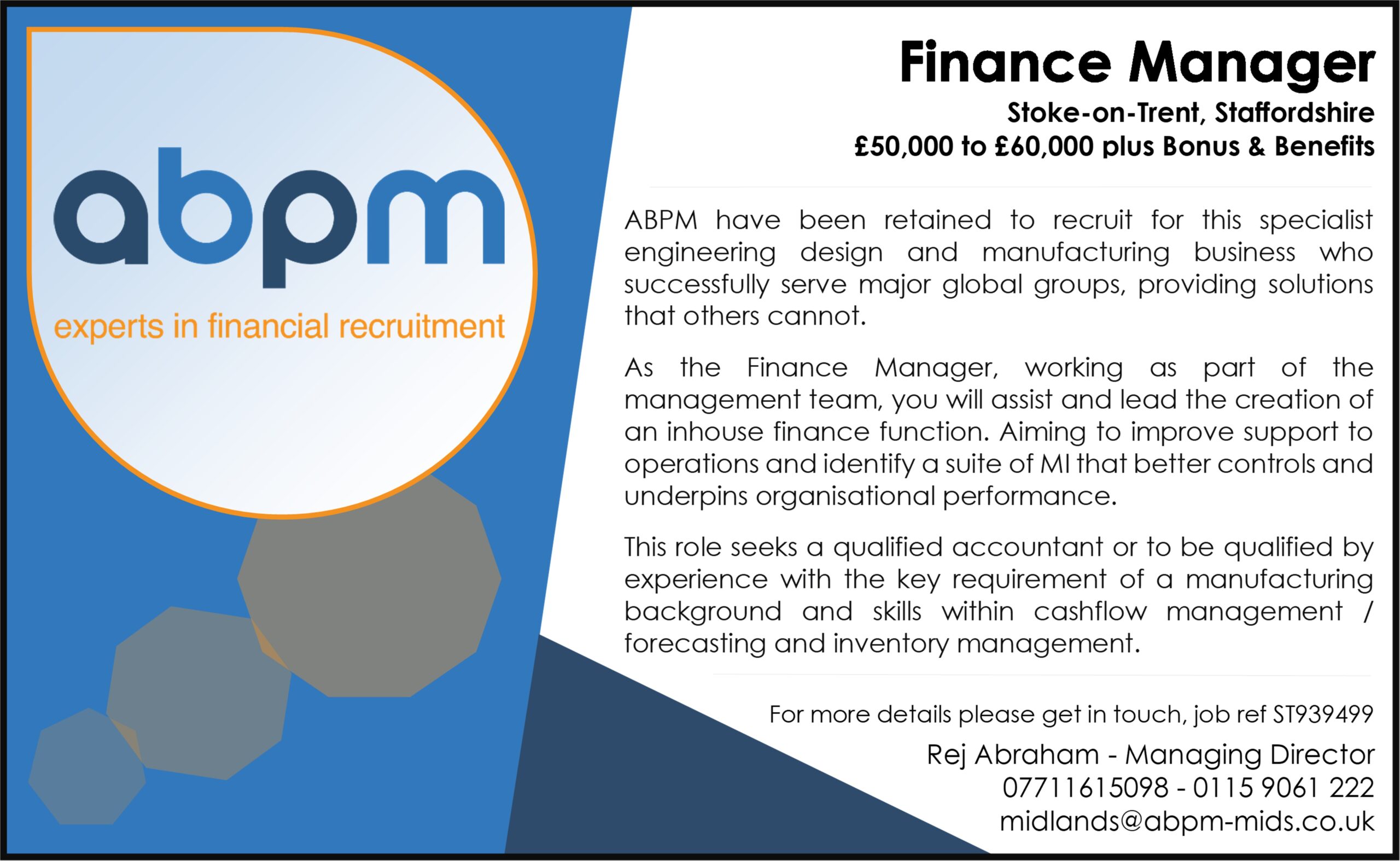 Finance Manager, StokeonTrent, Staffordshire ABPM Recruitment